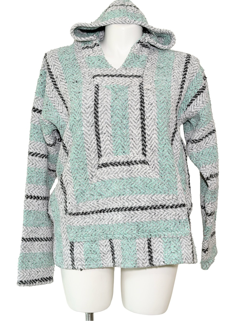Baja Joe Hooded Knit Pullover - Mint & Gray mexican blanket rugged large skater